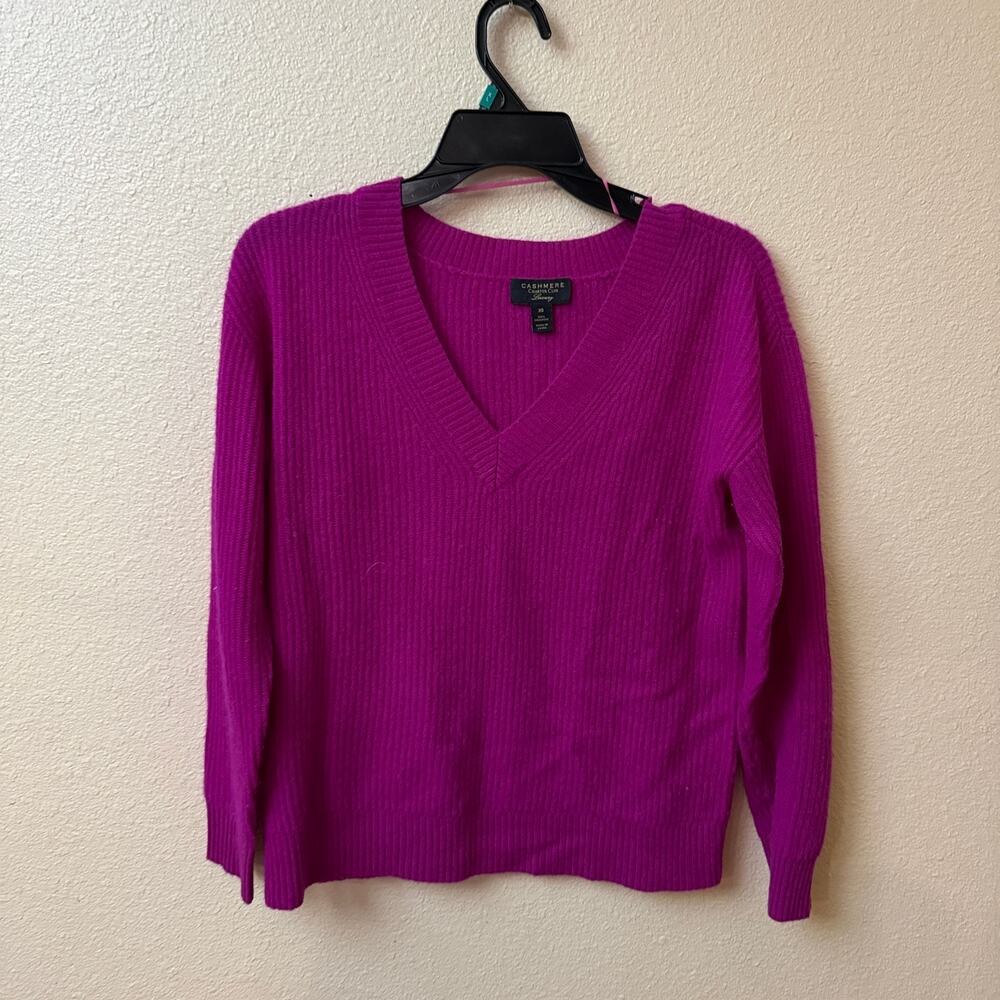 Charter Club Luxury 100% Cashmere Ribbed V-Neck Sweater in Fuchsia XS old money